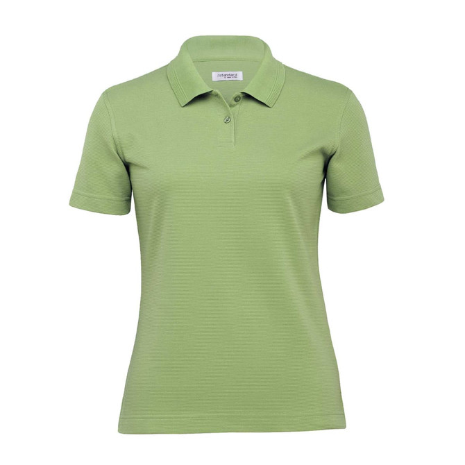 A women's polo shirt in a light green colour with a classic collar and a subtle textured design. It features a logo.