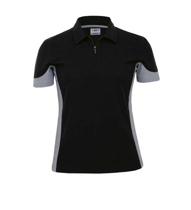 A women's polo shirt in black with grey accents, featuring a zip neckline and a logo on the chest.