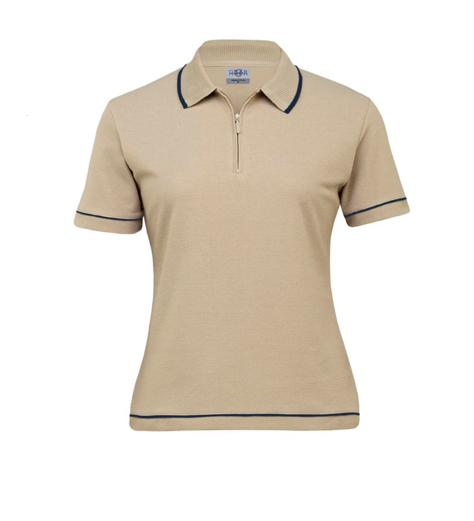 A women's retro waffle polo shirt in beige with navy trim and a zippered collar, featuring a logo on the chest.