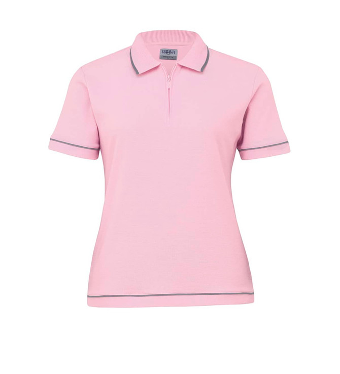 A pink women's polo shirt with short sleeves and grey trim, featuring a collar and a zip. It has a logo.