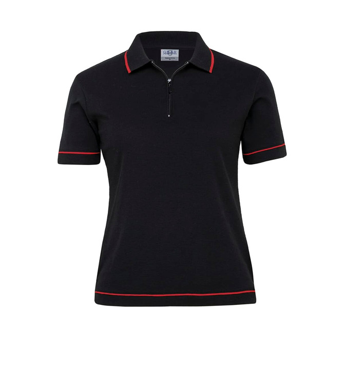 A women's retro waffle polo shirt in black with red contrasting trim and a zippered neckline.