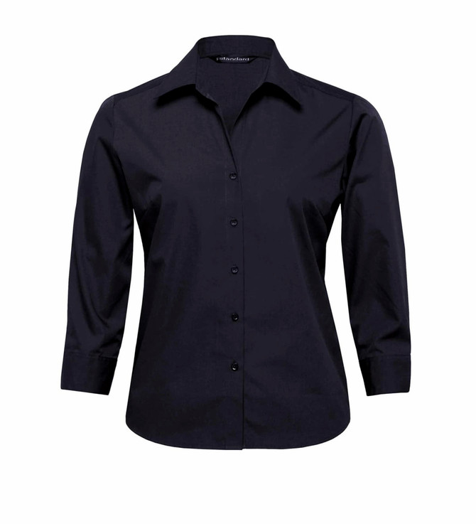 A black button-up shirt for women with long sleeves and a fitted design, featuring a logo.