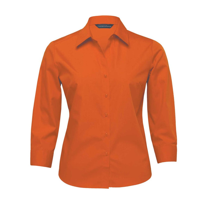 An orange women's button-up shirt with long sleeves and a collar, featuring a logo at the neckline.