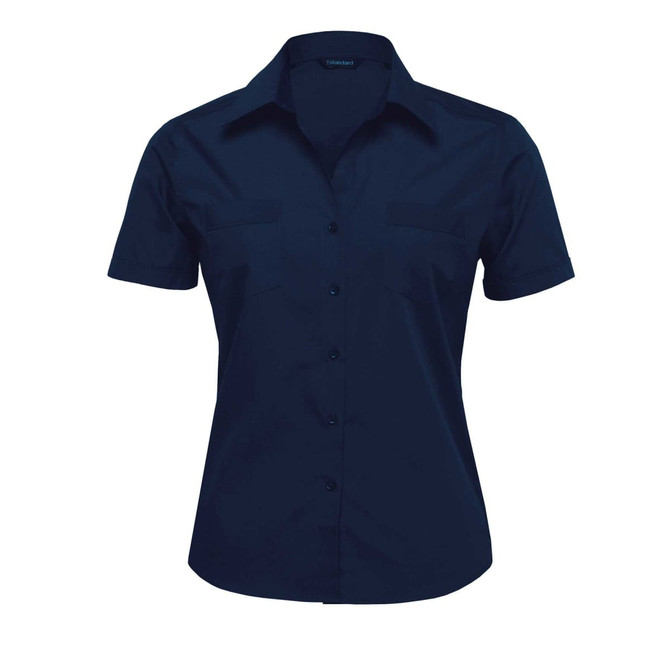 A button-up women's shirt in navy blue with short sleeves and a fitted design, featuring a logo on the collar.