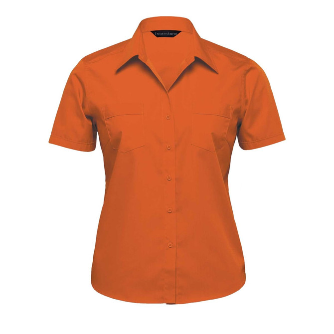 An orange women's button-up shirt with short sleeves and two front pockets. Features a logo on the label.