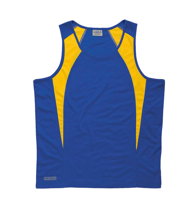 A blue singlet with yellow spliced panels and a logo, designed for youth wear.