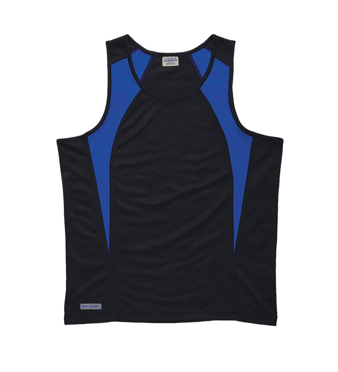 A black singlet with blue spliced details, featuring a logo on the lower edge. Ideal for active wear.