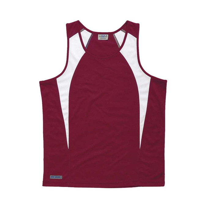 A burgundy singlet with white spliced panels and a logo on the bottom. Ideal for sports and active wear.
