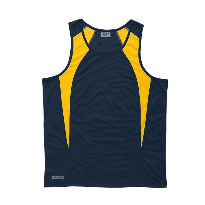 A navy and yellow spliced singlet featuring a logo, designed for youth wear.
