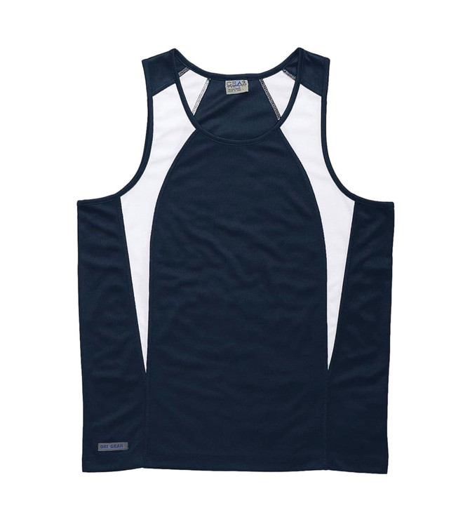 A navy singlet with white spliced accents, featuring a logo on the side. Lightweight and moisture-wicking fabric.