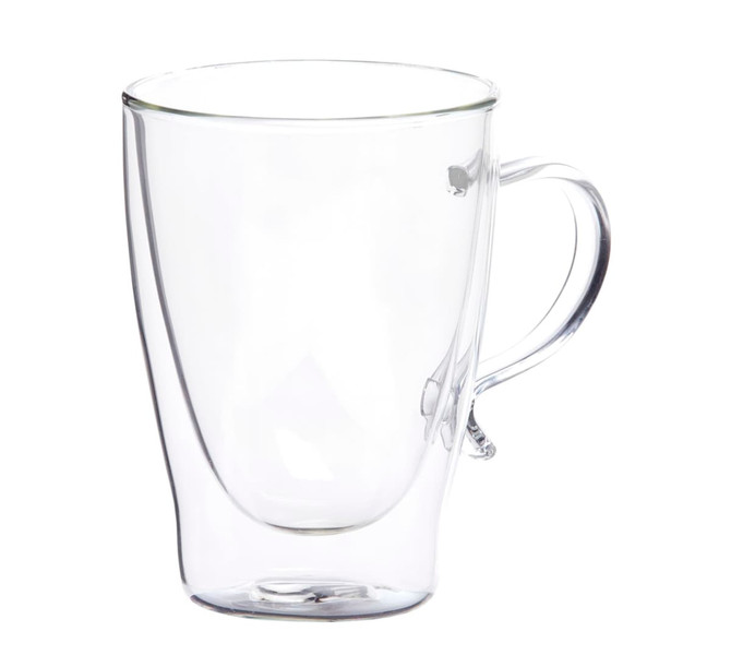 A clear glass coffee cup with a tapered shape and a handle, featuring a distinctive double-wall design.