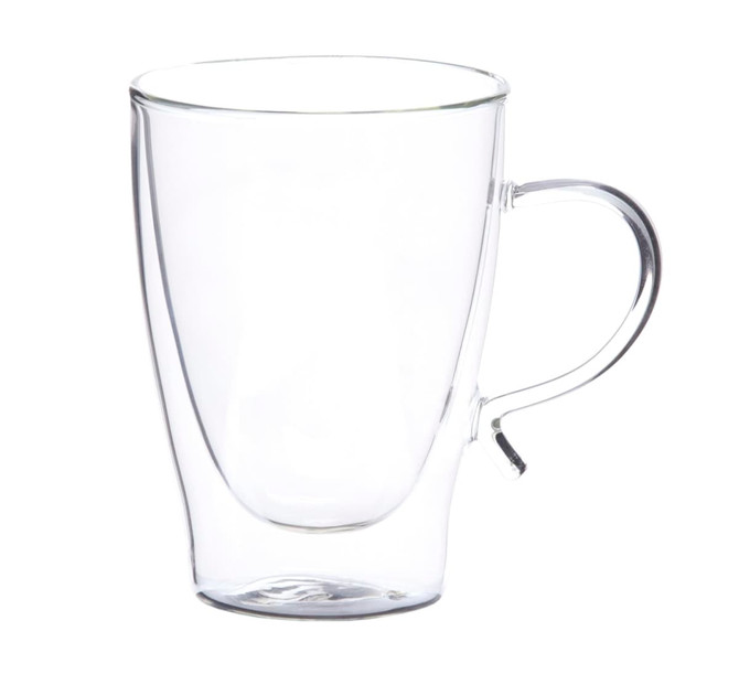 A clear glass coffee cup with a curved design and a handle, showcasing an elegant drinkware style.