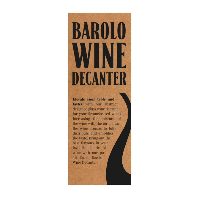 A Barolo wine decanter in abstract design, featuring a sleek black shape on a brown background. It includes a logo.