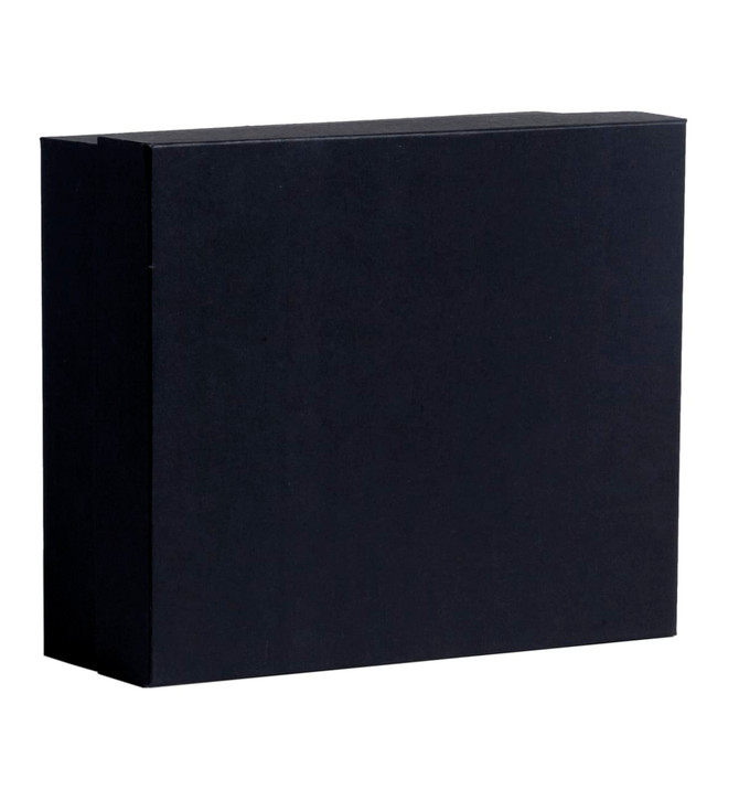 A sleek black box, square in shape, designed for packaging items, featuring a simple, clean design.