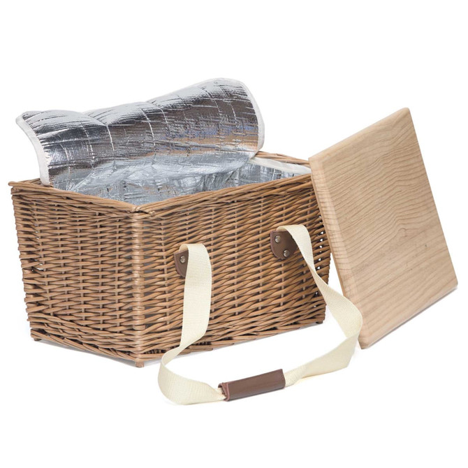 A brown wicker picnic basket with a silver insulated interior and a removable wooden lid.