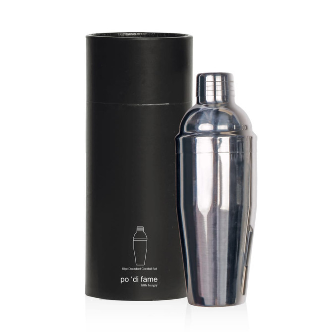 A stainless steel cocktail shaker set in a sleek black case, featuring a glossy finish. Includes branding on the case.