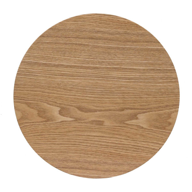 A circular wooden placemat in light brown, showcasing a smooth surface and natural wood grain.