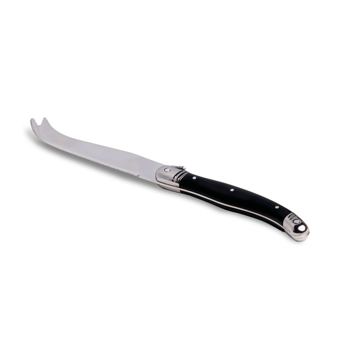 A Fetta cheese knife with a stainless steel blade and a black handle, featuring a logo on the bolster.