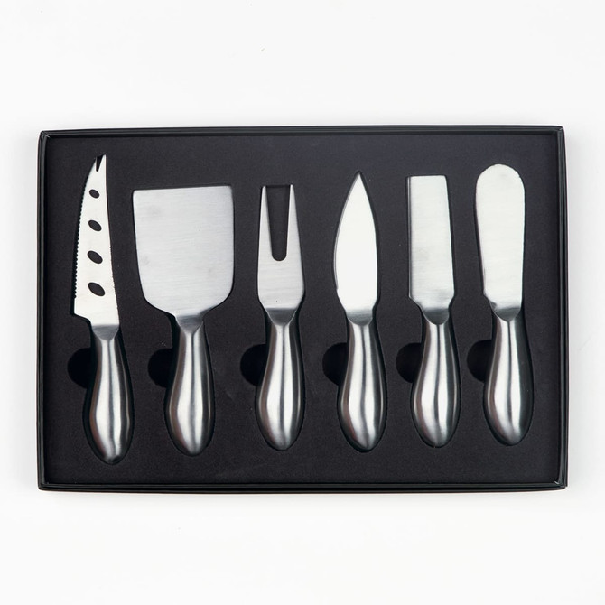 A six-piece cheese knife set with stainless steel blades and handles, presented in a black packaging.
