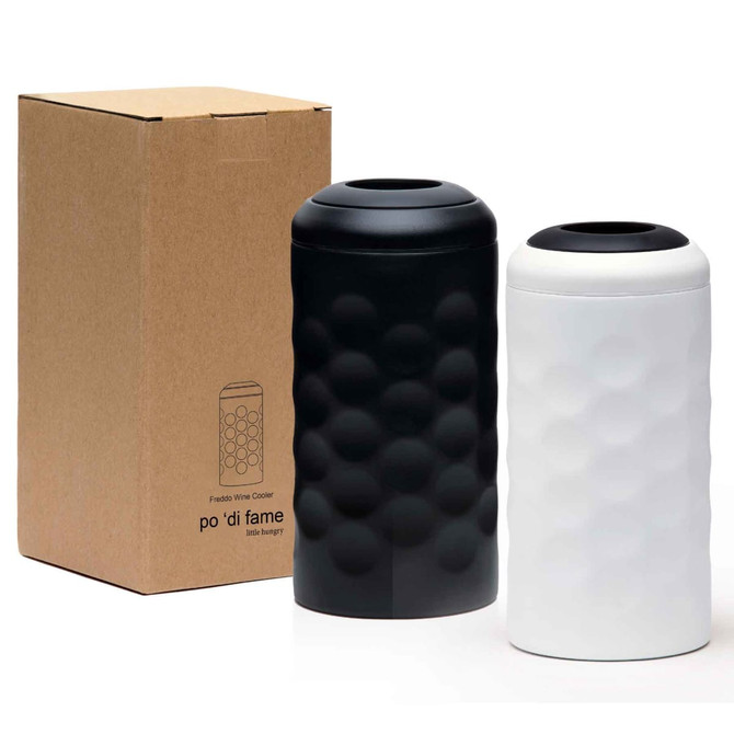 A drink bottle set featuring a black and a white wine cooler, presented in a simple cardboard box.