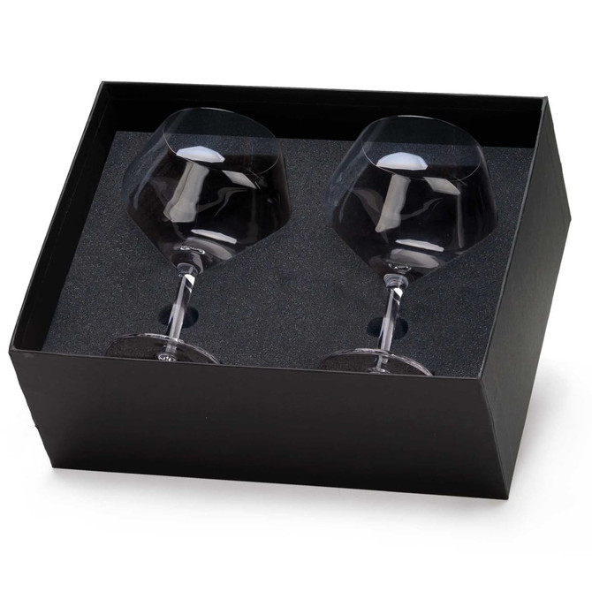 A glass set in a black box containing two stemmed glasses, showcasing a clear design with a sleek finish.