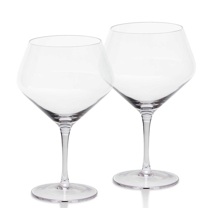 A glass set featuring two clear, stemmed wine glasses with a wide bowl design.