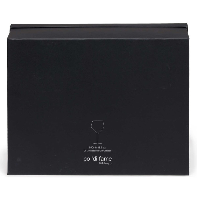 A black box containing two Ginaissance gin glasses, featuring a logo and measuring 550ml each.