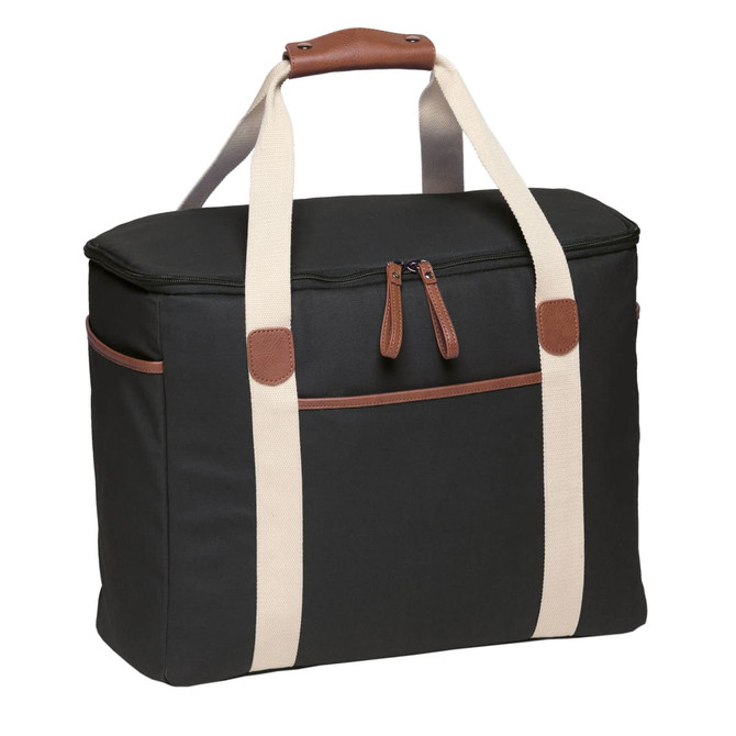 A black cooler bag with beige straps and a brown leather handle, featuring a front pocket and a zip closure.