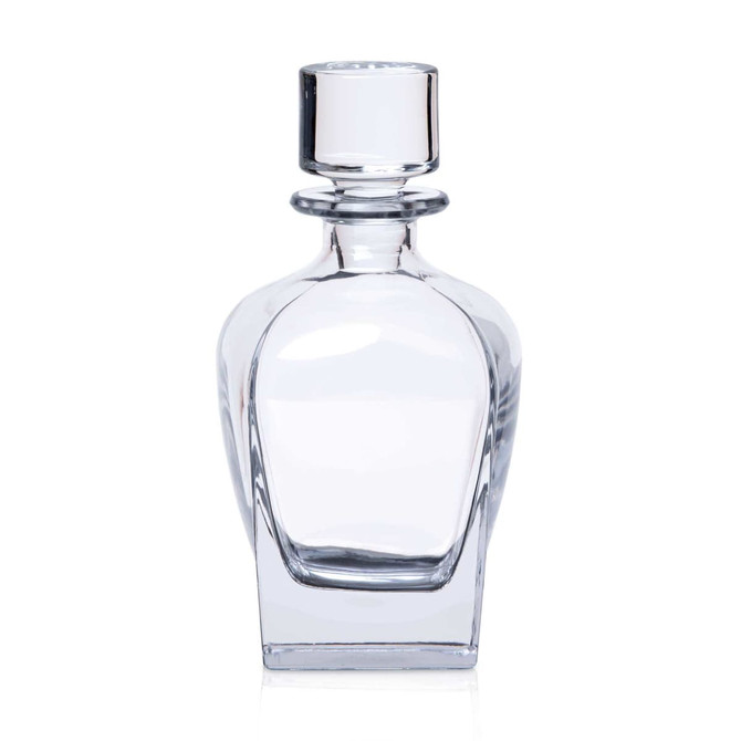 A clear glass whisky decanter with a round stopper, featuring a simple, elegant design.
