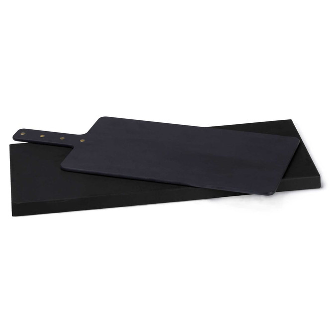 A black Napoli serving board with a handle, displayed on a flat base. The board features a simple design and circular branding.