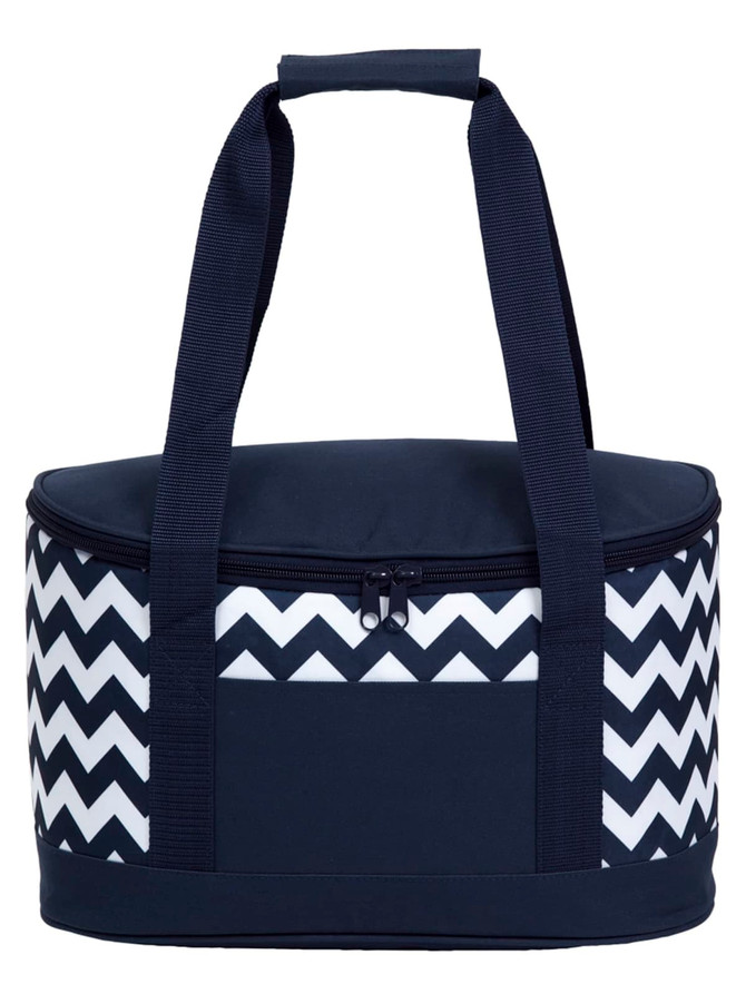 A round cooler bag featuring a navy blue and white chevron pattern with sturdy handles.