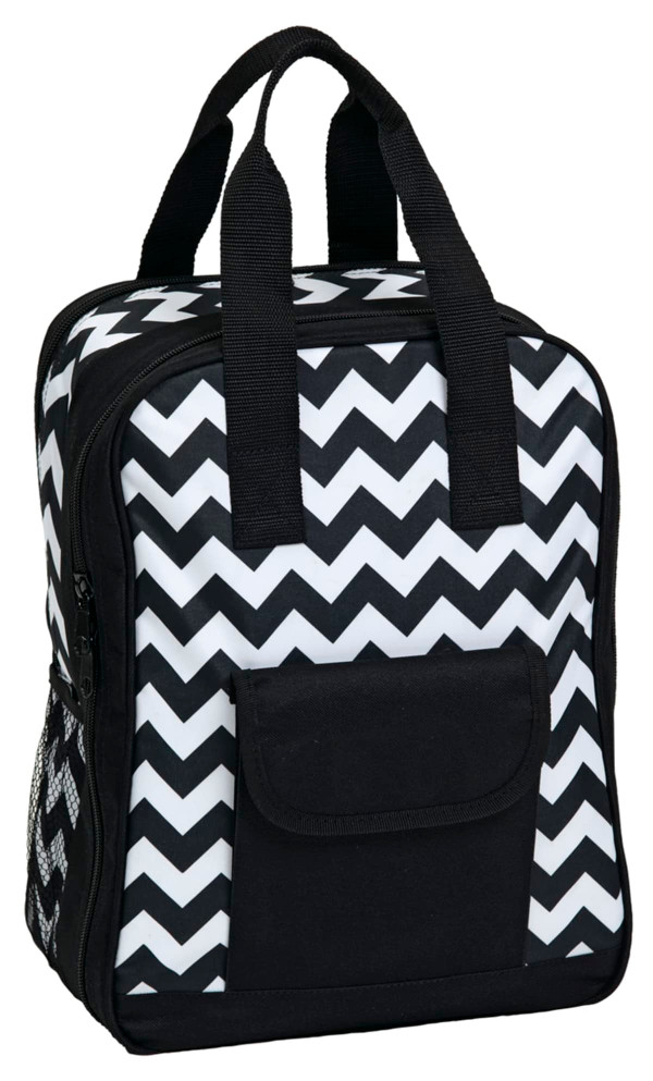 A black and white chevron-patterned picnic bag with dual handles and a front pocket. It features a mesh side pocket.