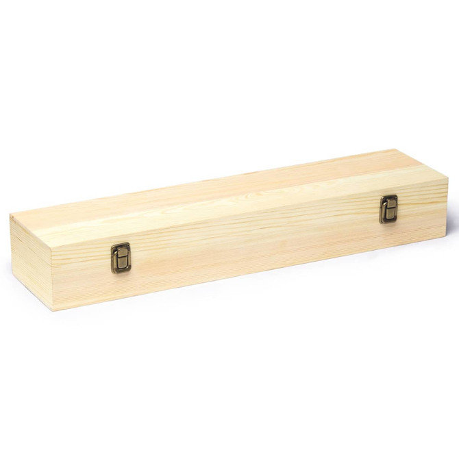 A wooden storage box with a natural finish and metal clasps, designed for holding BBQ tongs.