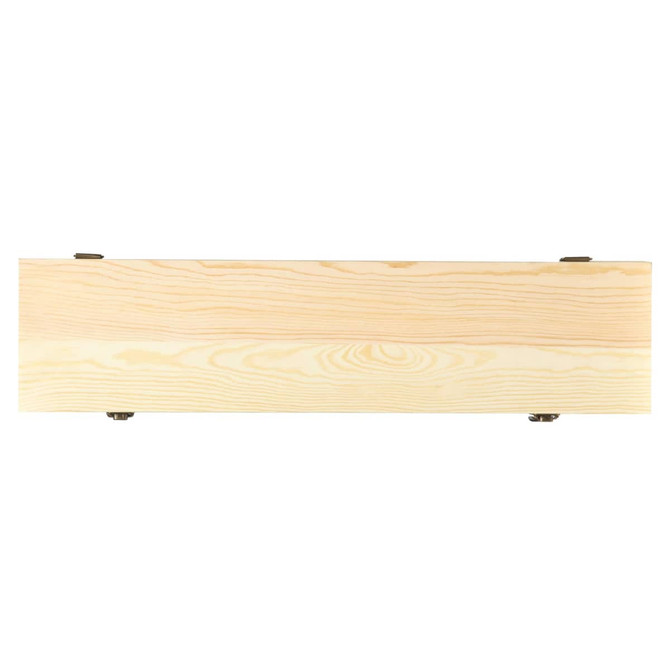 A wooden product with a light natural finish and visible grain, featuring metallic fixtures on either end.