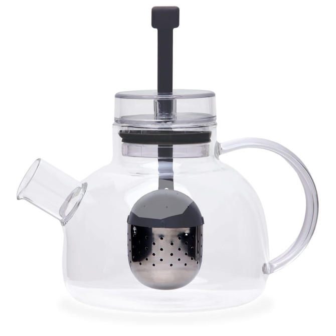 A clear glass teapot with a black infuser and a transparent lid, perfect for tea brewing.