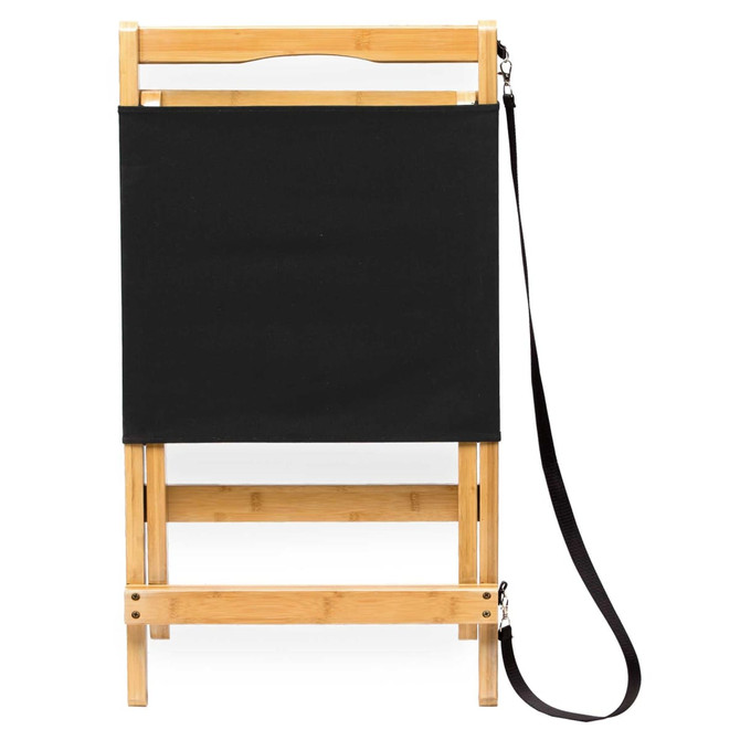 A black folding beach chair made of bamboo, featuring a strap for easy carrying. It has a simple, elegant design.