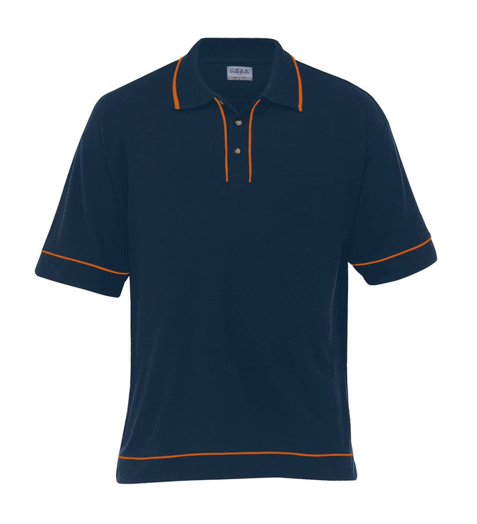 A navy blue polo shirt with orange piping and three buttons, featuring a logo on the chest.