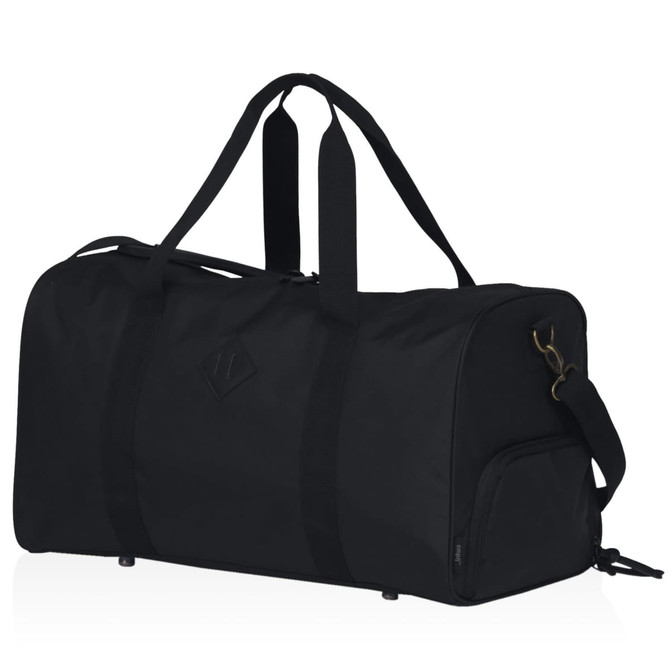 A black duffle bag with double handles, an adjustable shoulder strap, and a logo on the side.