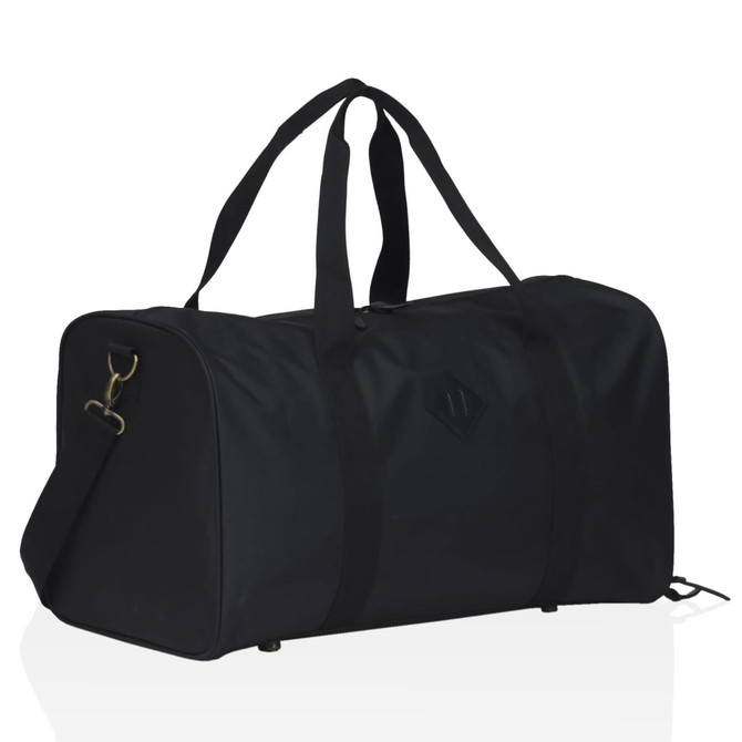 A black duffle bag with dual handles, a shoulder strap, and a logo. The bag has a sleek design and a zippered closure.