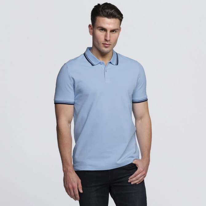 A light blue polo shirt with contrasting navy stripes on the collar and sleeves, featuring a logo.