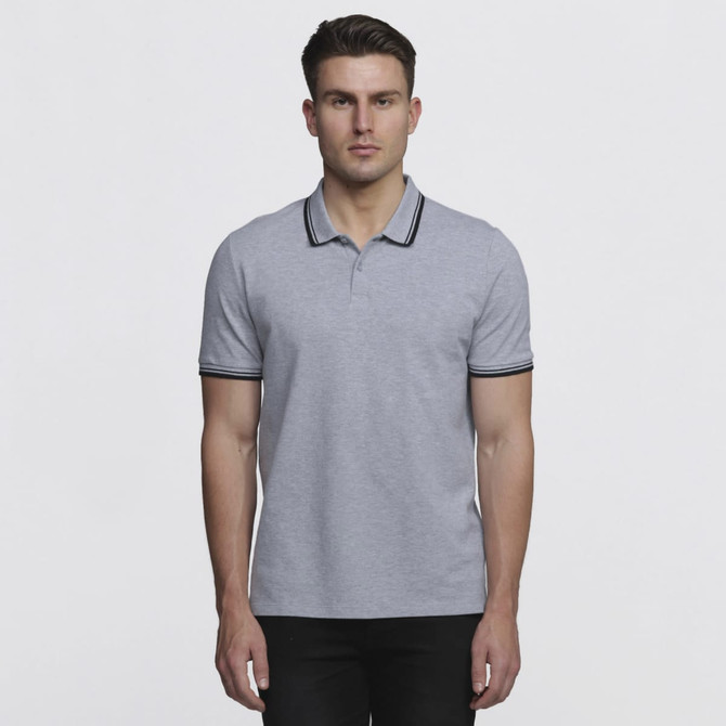A grey polo shirt with contrasting black collar and sleeve trims, featuring a logo.