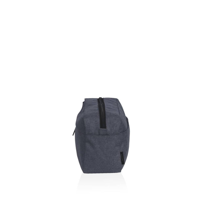 A toiletry bag in dark grey with a zip closure, featuring a side pocket and a logo.