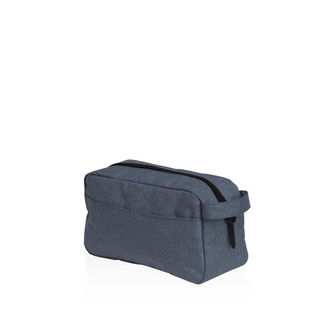 A grey toiletry bag with a zip closure and a side handle, featuring a simple design and a logo.