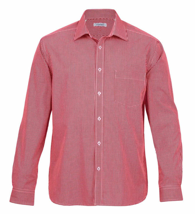 A red and white check shirt with a button-up front and long sleeves, featuring a collar and branding.
