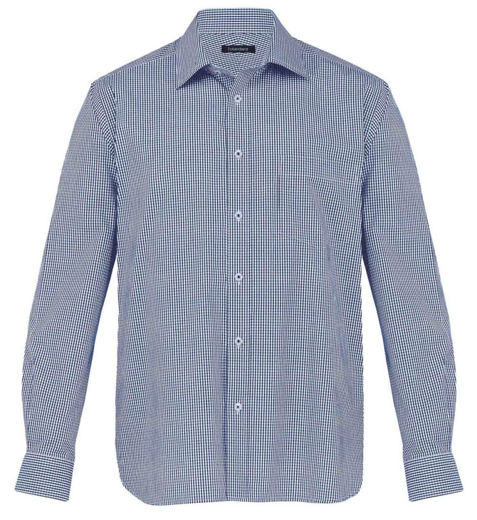 A blue and white check button-up shirt with long sleeves and a classic collar. It features a logo on the chest.