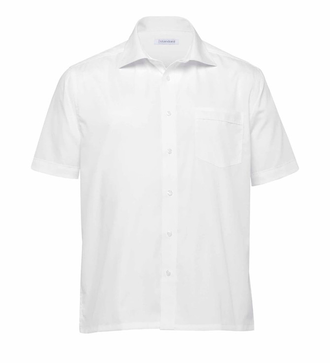 A white button-up shirt with a short sleeve and a chest pocket, featuring a logo on the collar.