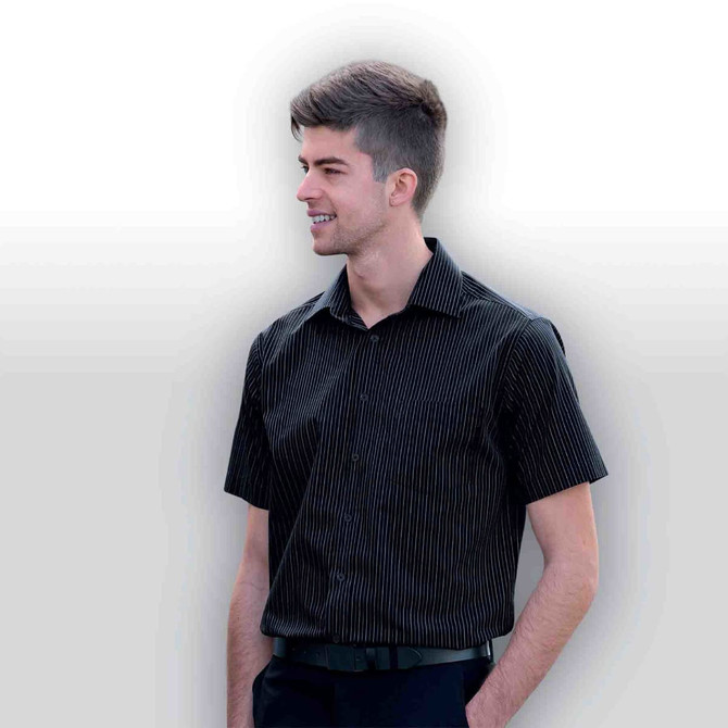 A short sleeve button-up shirt in black with a pinstripe pattern, featuring a collar and a logo.