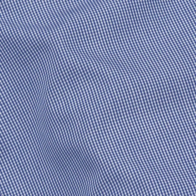 A blue and white checked fabric featuring a small gingham pattern, suitable for a button-up shirt.