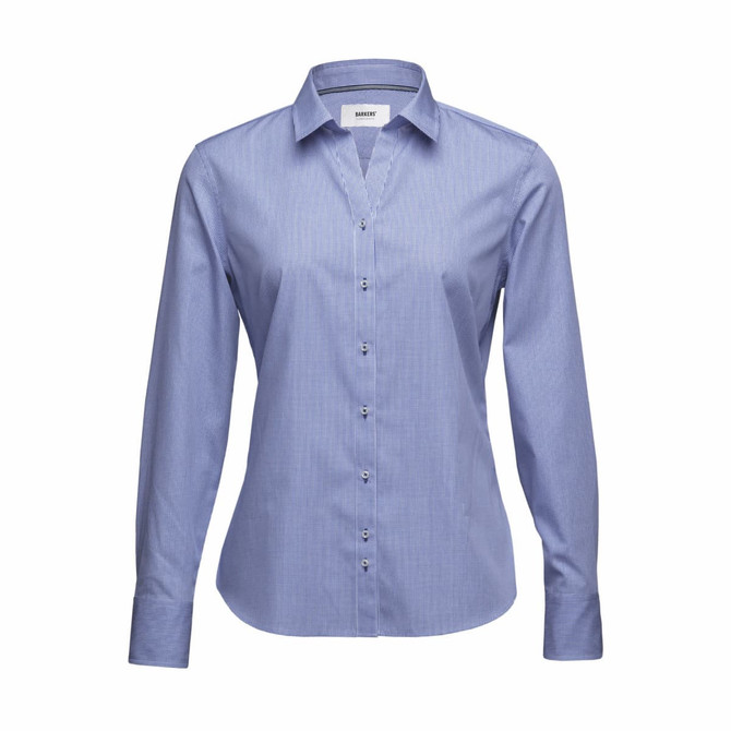 A light blue button-up women's shirt with long sleeves and a collar, featuring a logo.