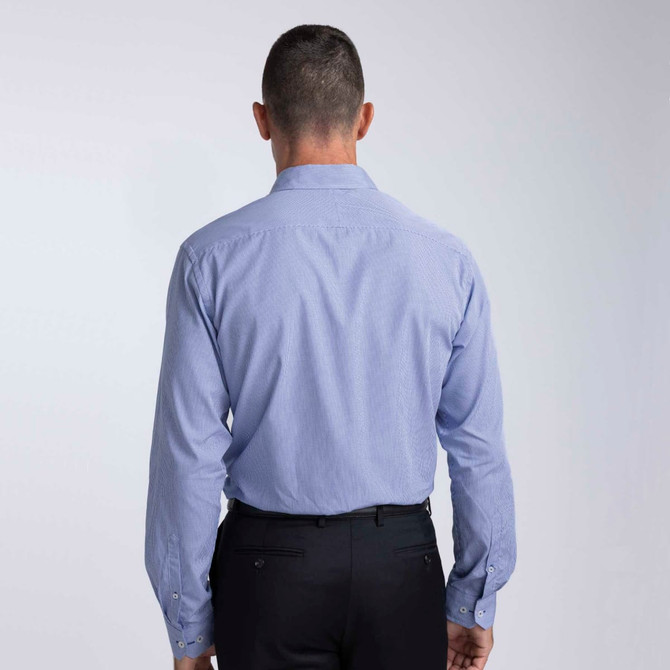 A light blue button-up shirt with long sleeves and a collar, featuring a back view and subtle branding.